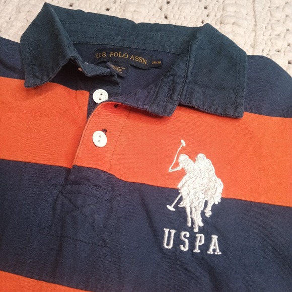 U.S. Polo Assn LS Polo Boys XL 14/16 Striped Blue Orange Rugby Pony Stitched #3 - Picture 4 of 11